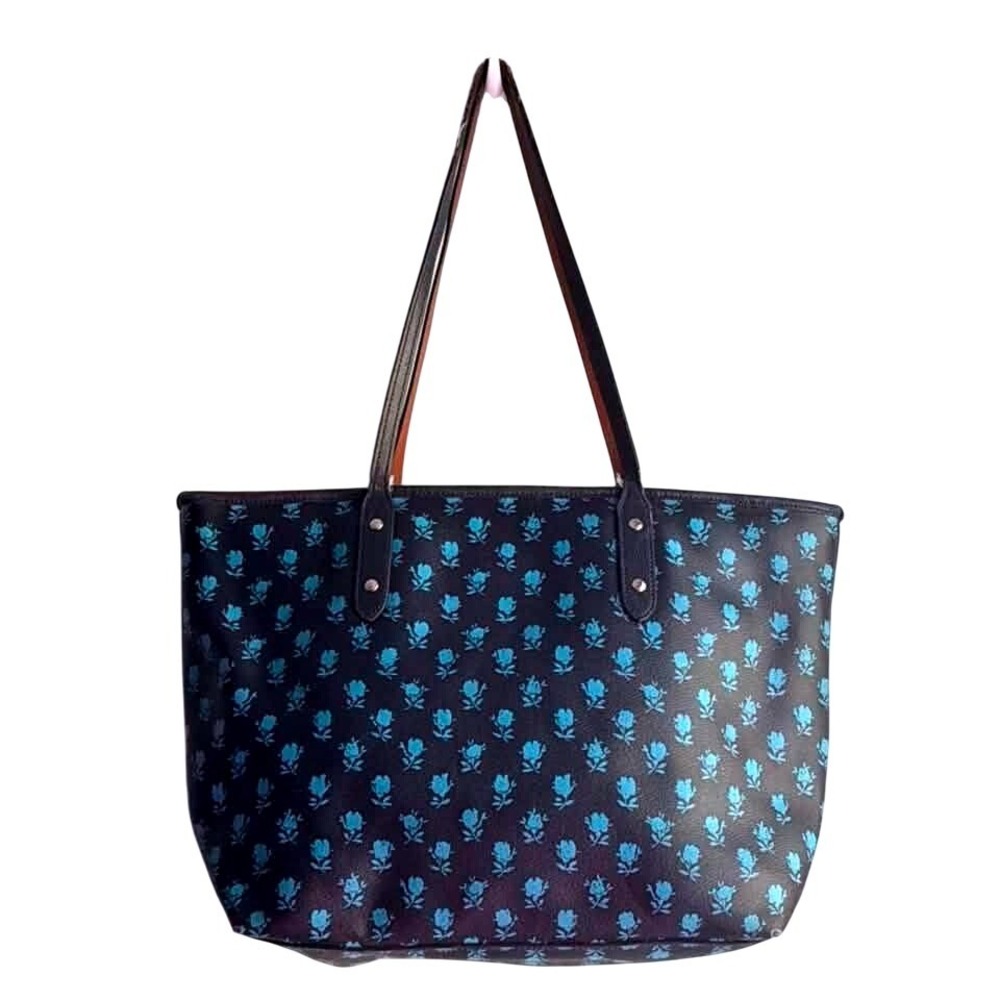Coach City Tote Navy Blue Floral Rose Print Crossgrain Leather Handbag
